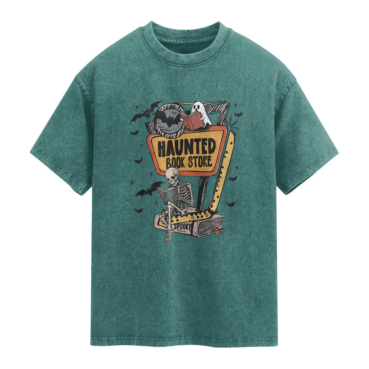Funny Haunted Book Store Halloween Washed Cotton T-Shirt Skeleton Ghost Book Reader