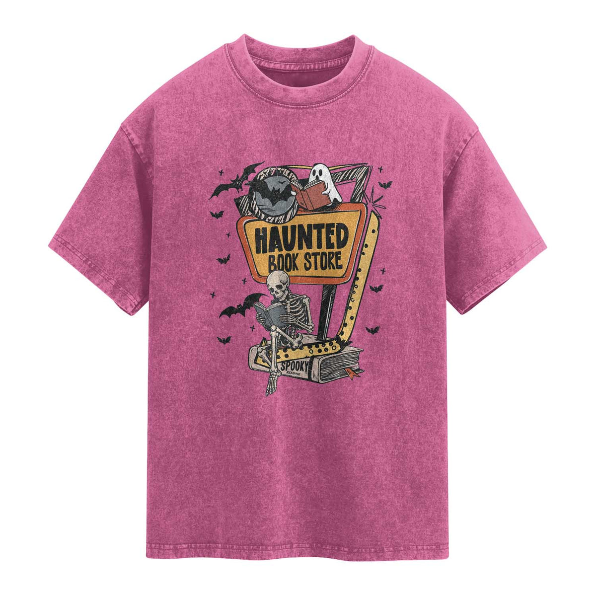 Funny Haunted Book Store Halloween Washed Cotton T-Shirt Skeleton Ghost Book Reader
