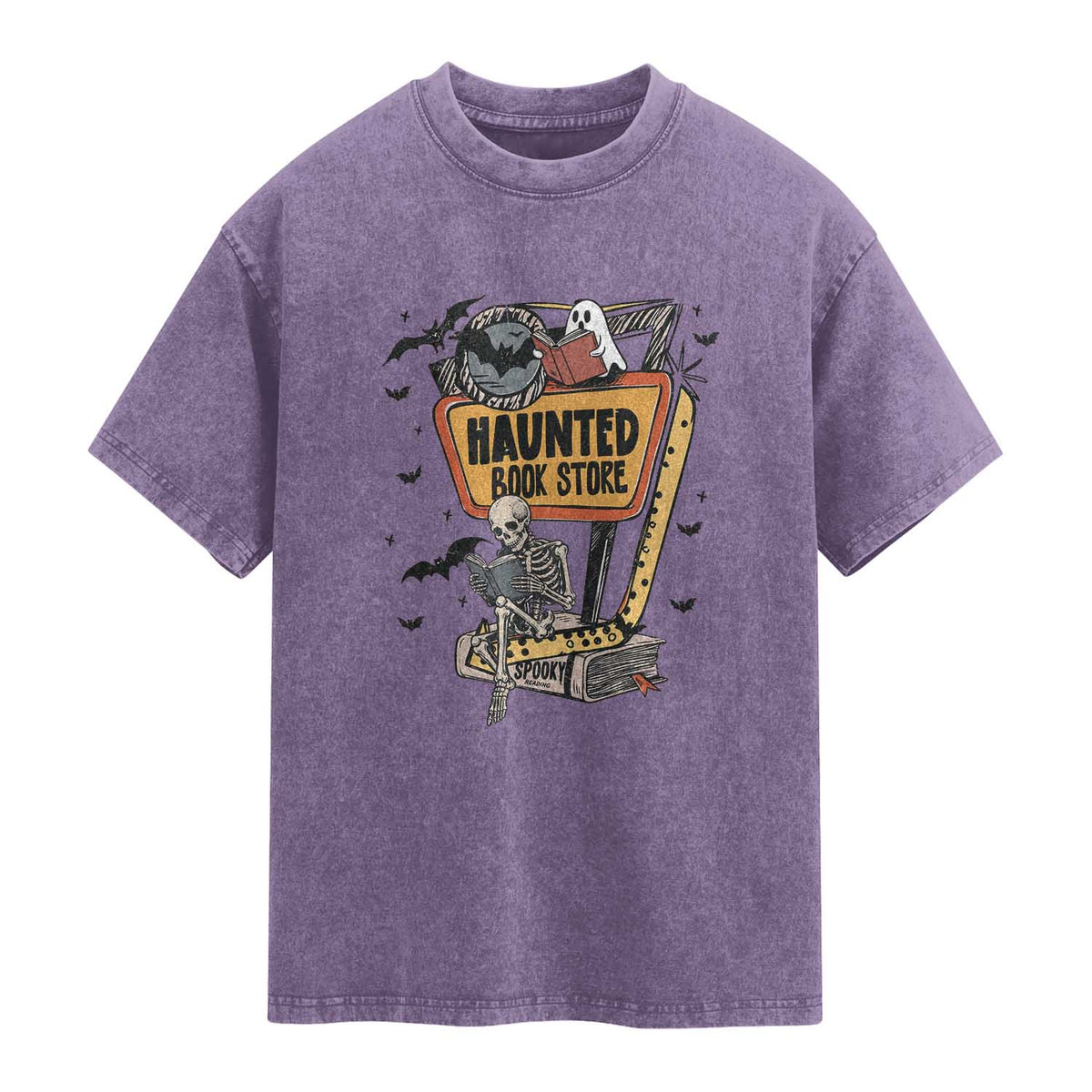 Funny Haunted Book Store Halloween Washed Cotton T-Shirt Skeleton Ghost Book Reader