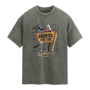 Funny Haunted Book Store Halloween Washed Cotton T-Shirt Skeleton Ghost Book Reader