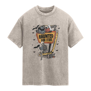 Funny Haunted Book Store Halloween Washed Cotton T-Shirt Skeleton Ghost Book Reader