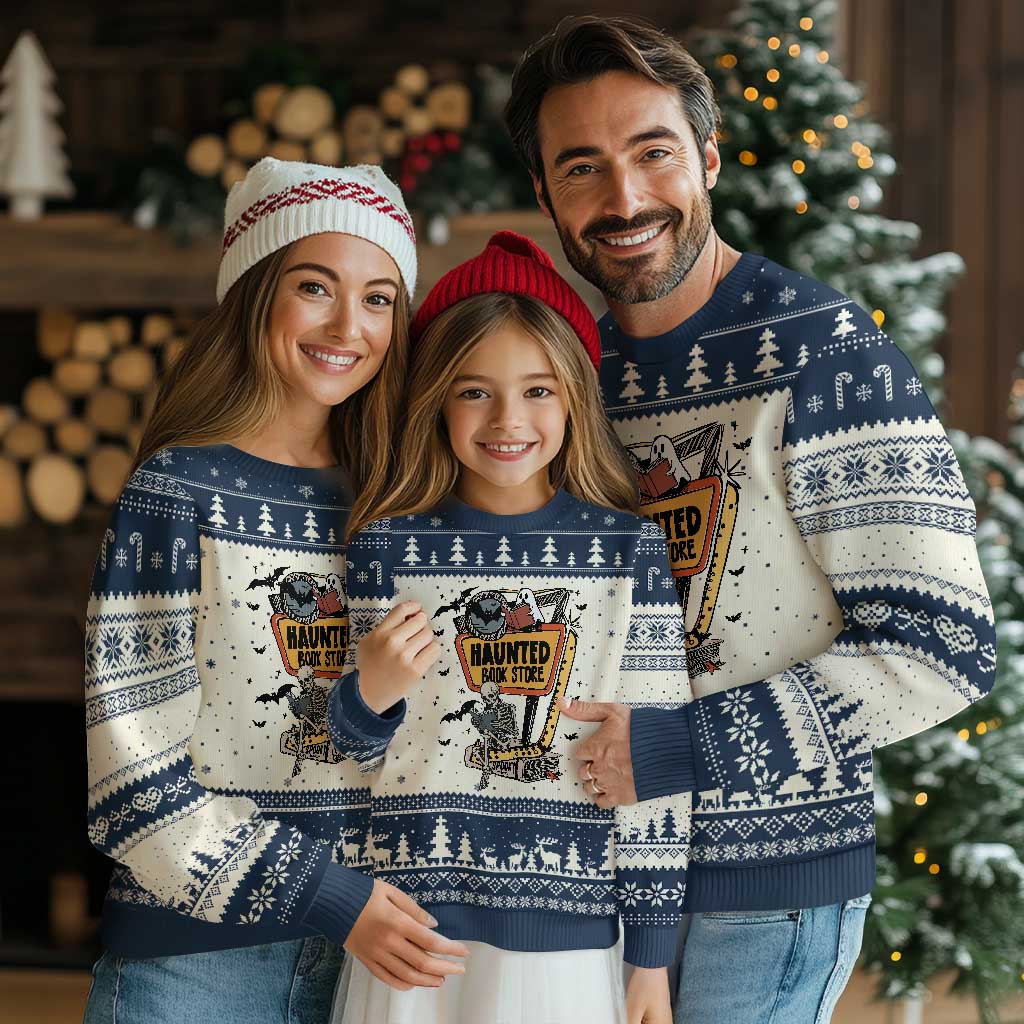 Funny Haunted Book Store Halloween Ugly Christmas Sweater Skeleton Ghost Book Reader