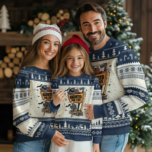 Funny Haunted Book Store Halloween Ugly Christmas Sweater Skeleton Ghost Book Reader