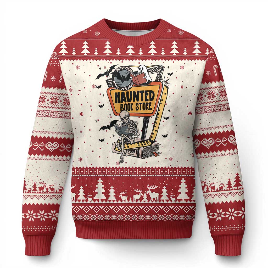 Funny Haunted Book Store Halloween Ugly Christmas Sweater Skeleton Ghost Book Reader