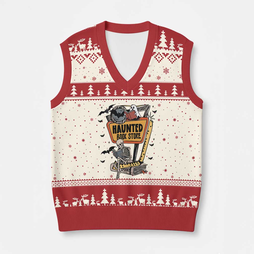 Funny Haunted Book Store Halloween V-Neck Knit Sweater Vest Skeleton Ghost Book Reader