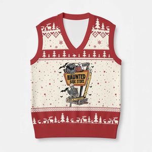 Funny Haunted Book Store Halloween V-Neck Knit Sweater Vest Skeleton Ghost Book Reader