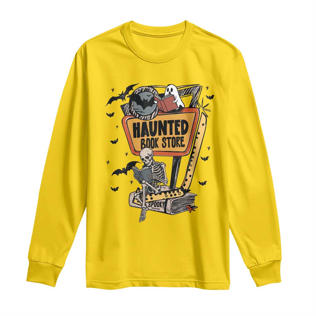 Funny Haunted Book Store Halloween Long Sleeve Shirt Skeleton Ghost Book Reader