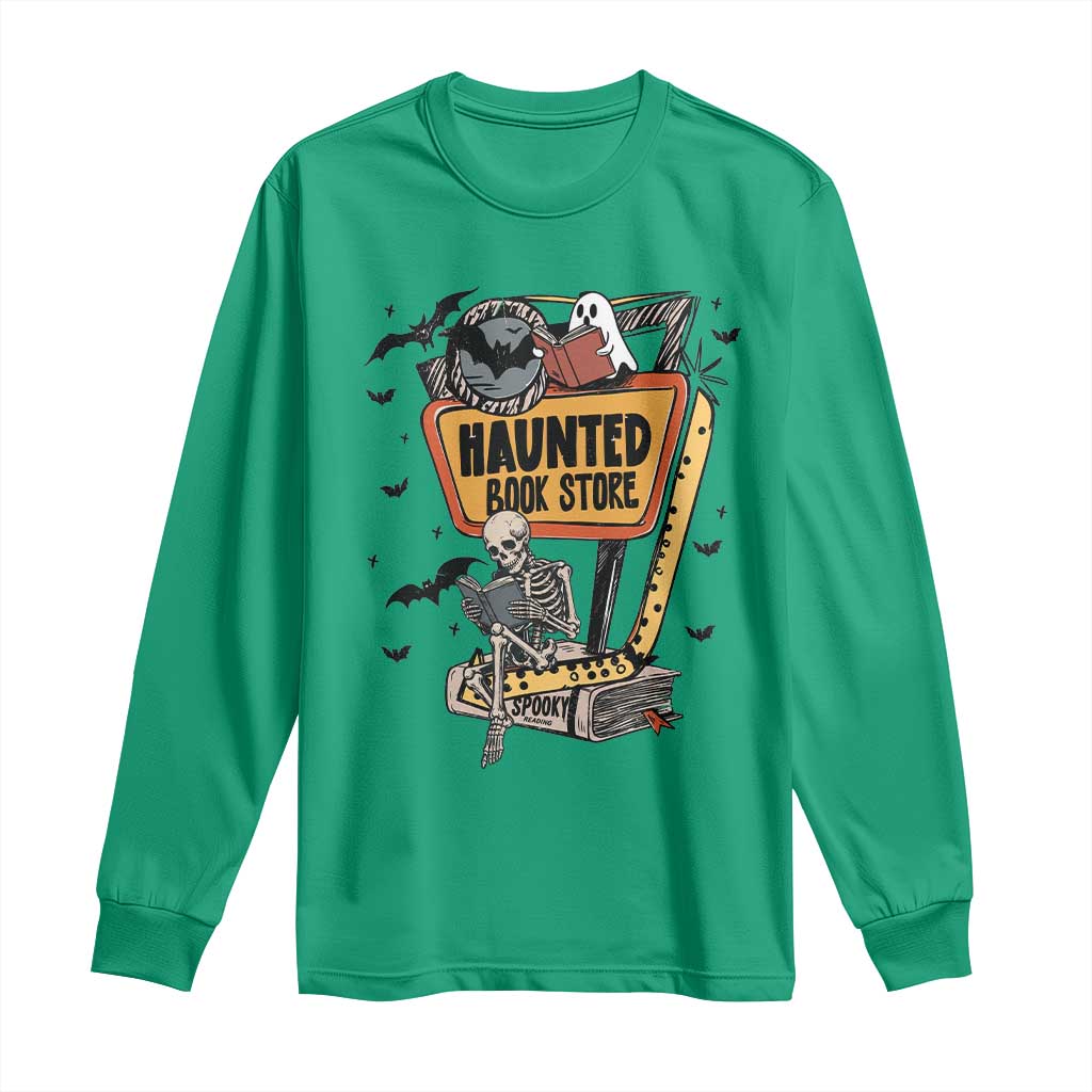 Funny Haunted Book Store Halloween Long Sleeve Shirt Skeleton Ghost Book Reader