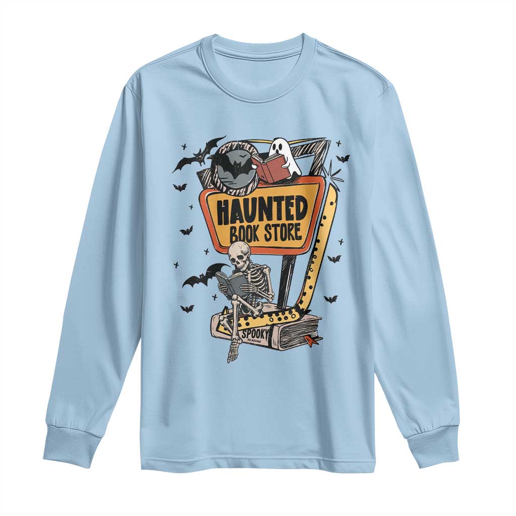 Funny Haunted Book Store Halloween Long Sleeve Shirt Skeleton Ghost Book Reader