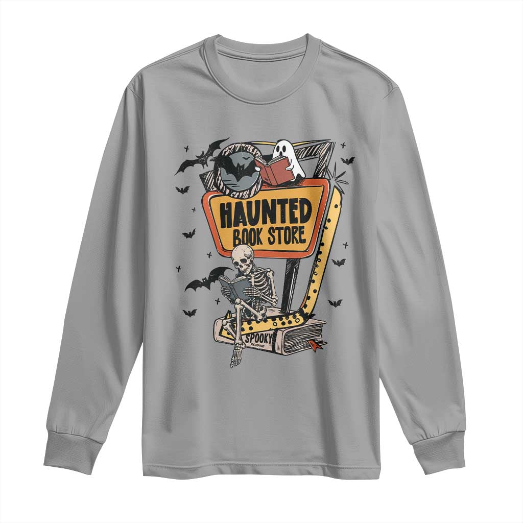 Funny Haunted Book Store Halloween Long Sleeve Shirt Skeleton Ghost Book Reader