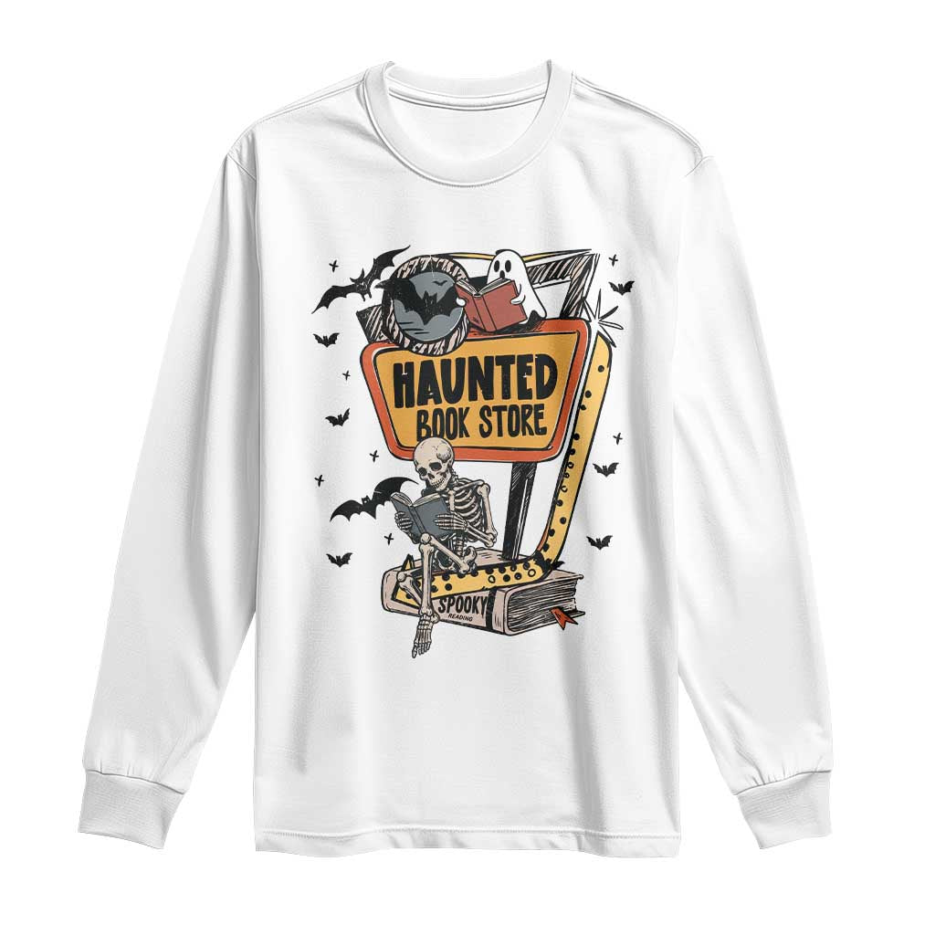 Funny Haunted Book Store Halloween Long Sleeve Shirt Skeleton Ghost Book Reader