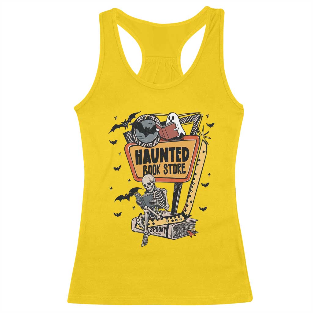 Funny Haunted Book Store Halloween Racerback Tank Top Skeleton Ghost Book Reader