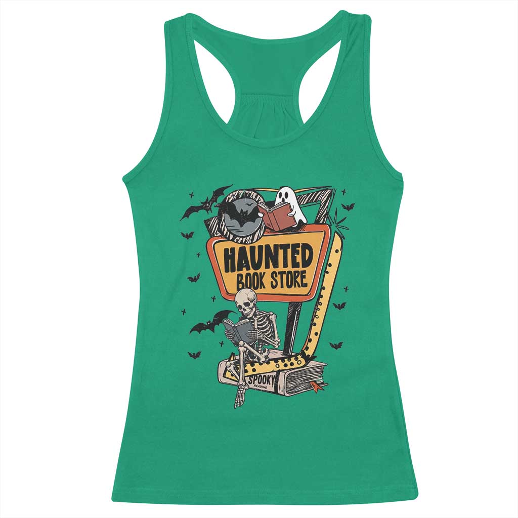 Funny Haunted Book Store Halloween Racerback Tank Top Skeleton Ghost Book Reader