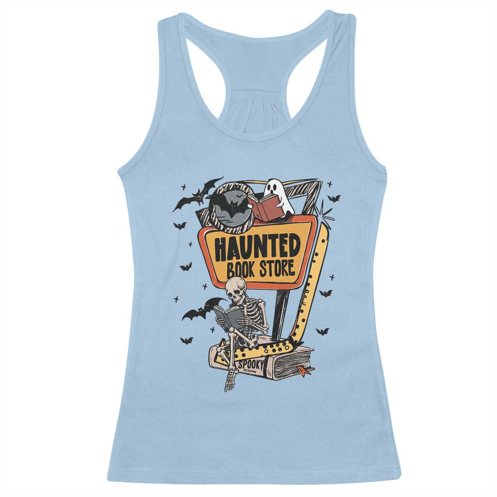 Funny Haunted Book Store Halloween Racerback Tank Top Skeleton Ghost Book Reader