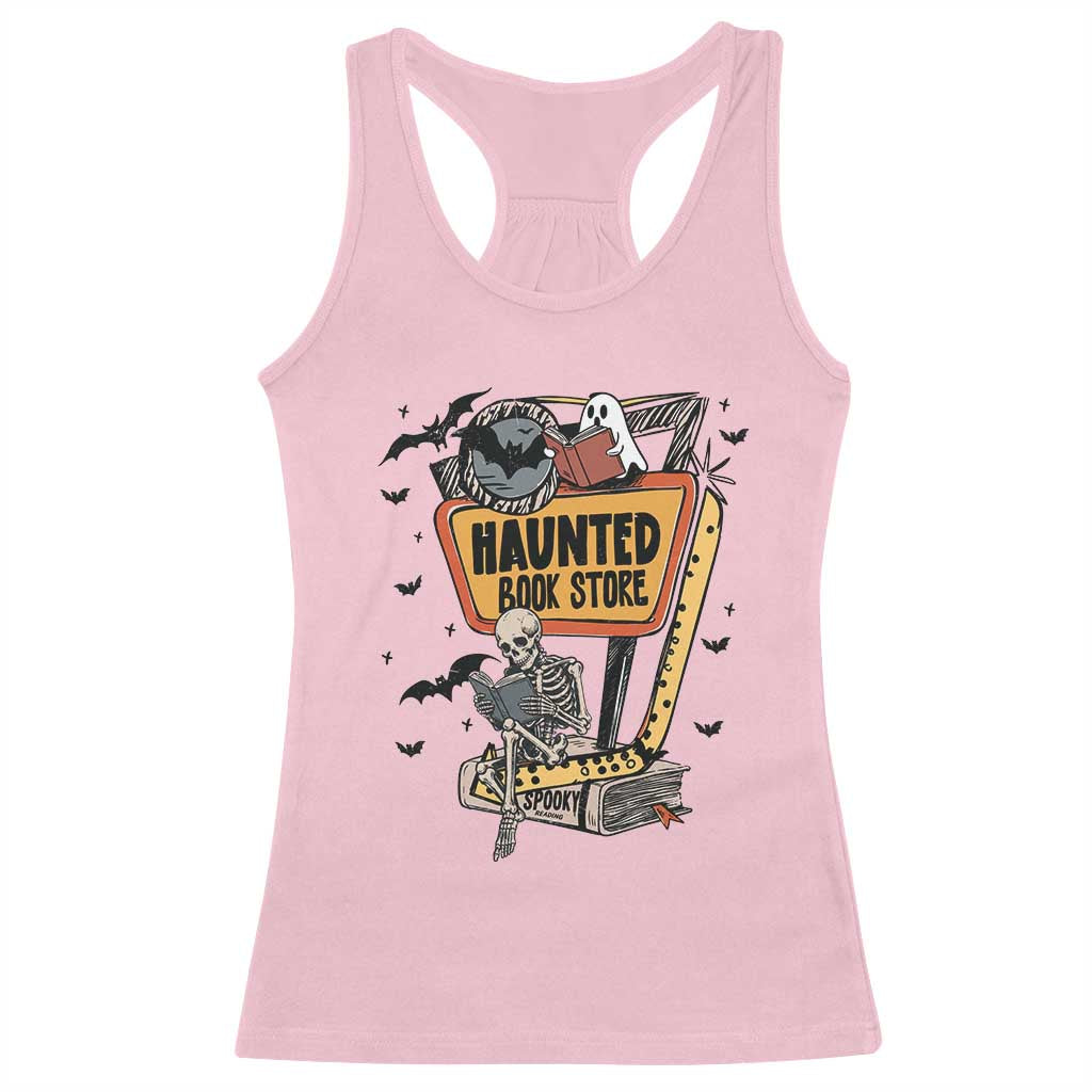 Funny Haunted Book Store Halloween Racerback Tank Top Skeleton Ghost Book Reader