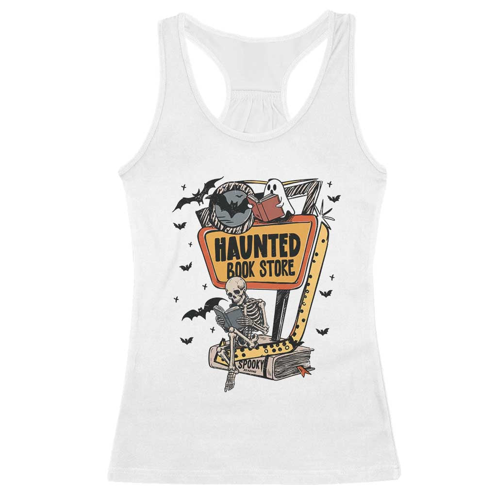 Funny Haunted Book Store Halloween Racerback Tank Top Skeleton Ghost Book Reader