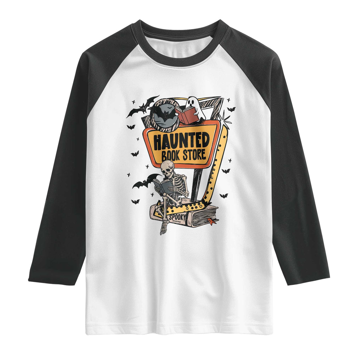 Funny Haunted Book Store Halloween Raglan Shirt Skeleton Ghost Book Reader