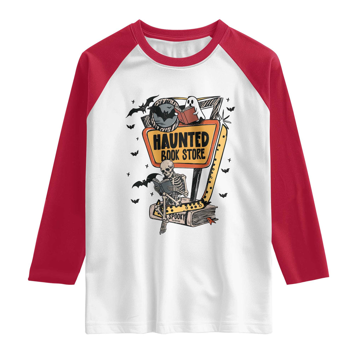 Funny Haunted Book Store Halloween Raglan Shirt Skeleton Ghost Book Reader