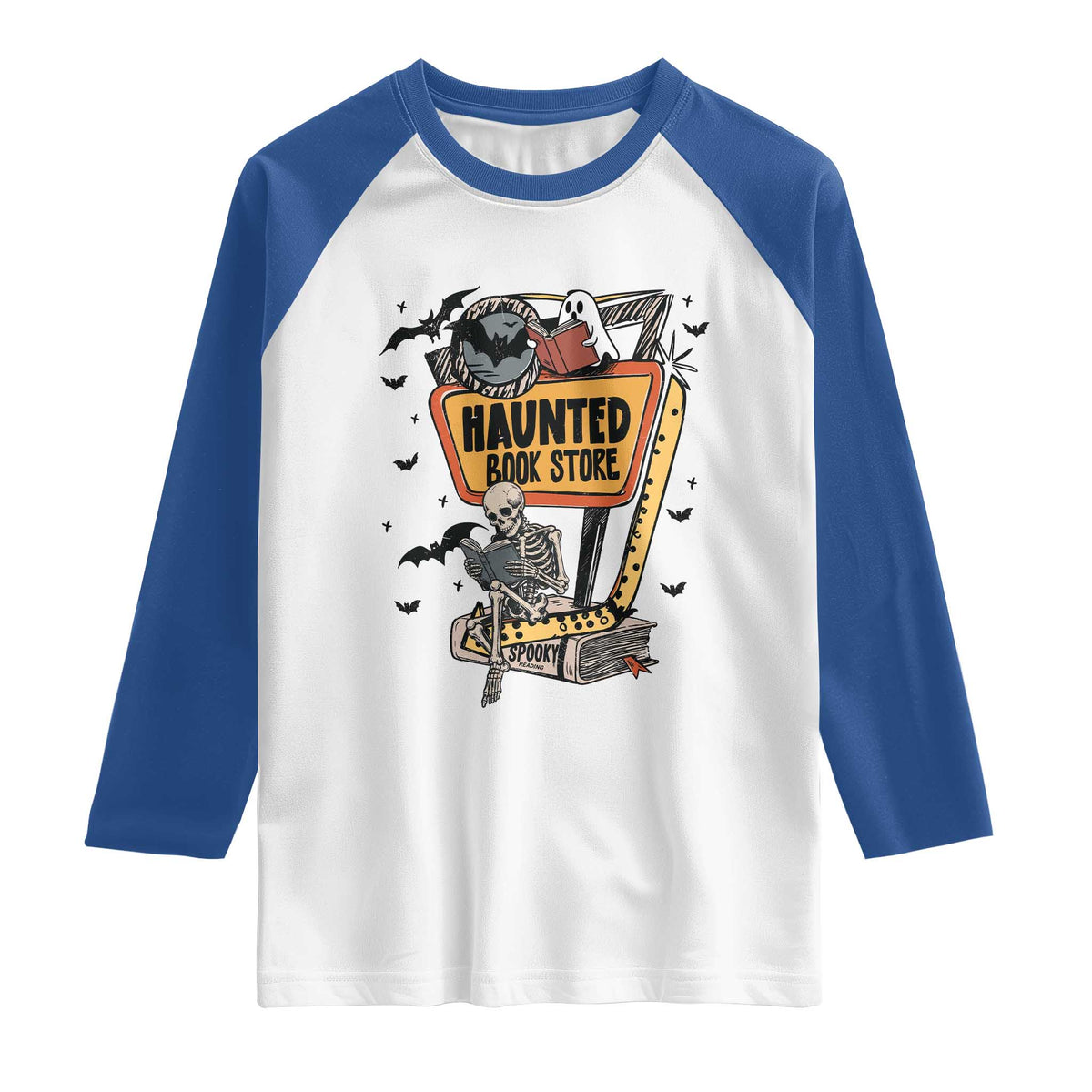 Funny Haunted Book Store Halloween Raglan Shirt Skeleton Ghost Book Reader