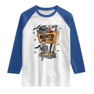 Funny Haunted Book Store Halloween Raglan Shirt Skeleton Ghost Book Reader