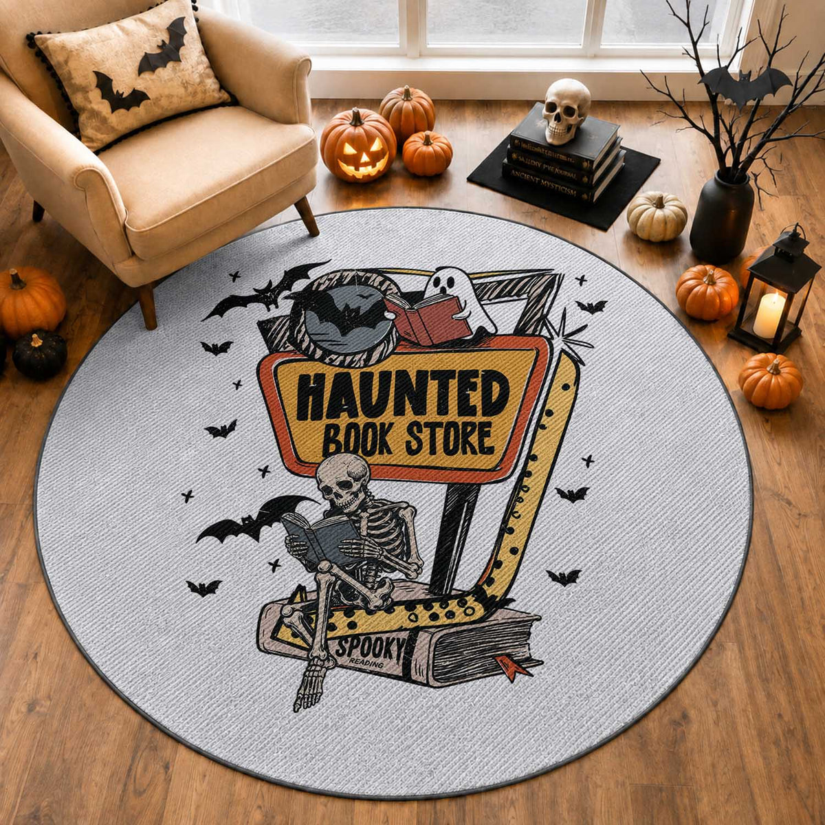 Funny Haunted Book Store Halloween Round Rug Skeleton Ghost Book Reader