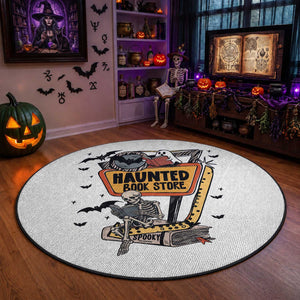 Funny Haunted Book Store Halloween Round Rug Skeleton Ghost Book Reader