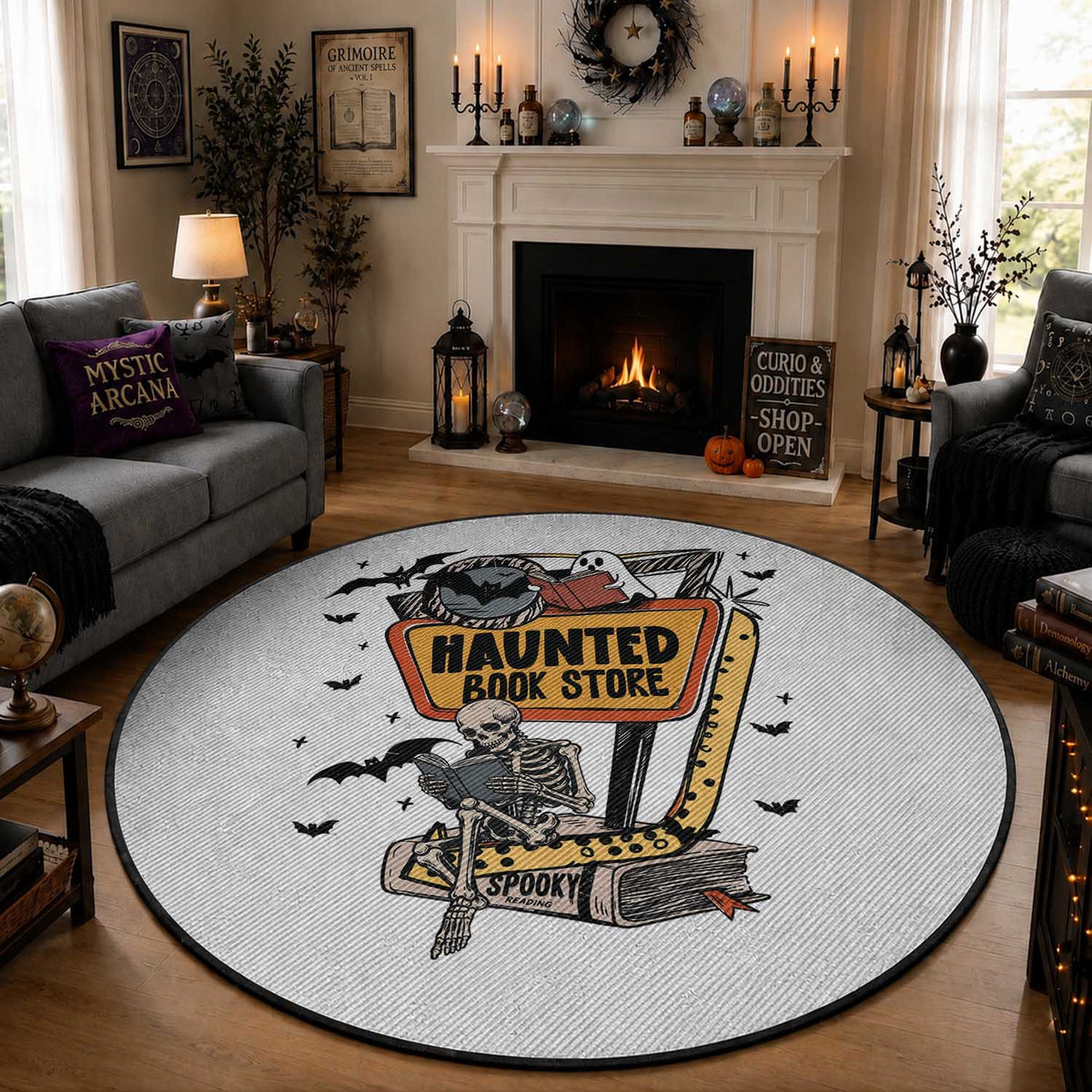 Funny Haunted Book Store Halloween Round Rug Skeleton Ghost Book Reader