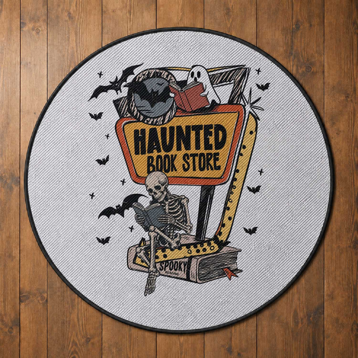 Funny Haunted Book Store Halloween Round Rug Skeleton Ghost Book Reader