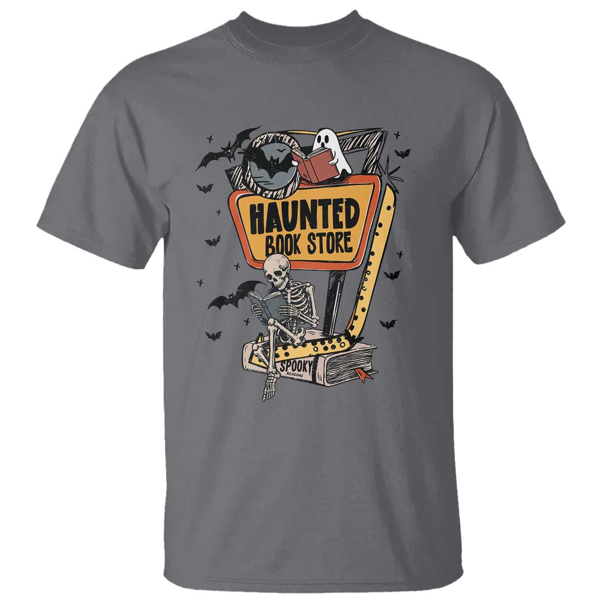 Funny Haunted Book Store Halloween T Shirt Skeleton Ghost Book Reader