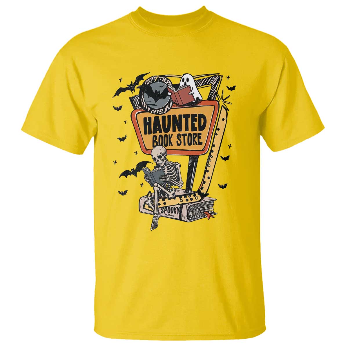 Funny Haunted Book Store Halloween T Shirt Skeleton Ghost Book Reader