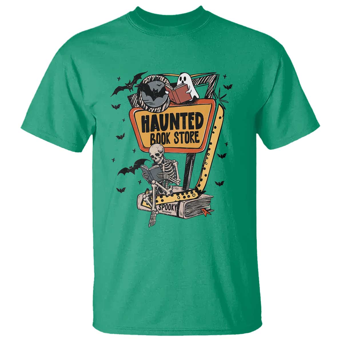 Funny Haunted Book Store Halloween T Shirt Skeleton Ghost Book Reader