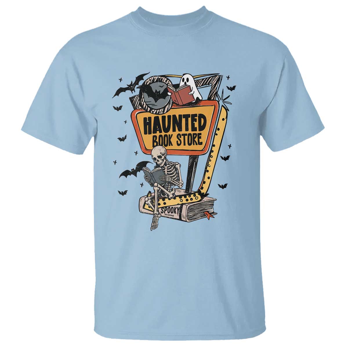 Funny Haunted Book Store Halloween T Shirt Skeleton Ghost Book Reader