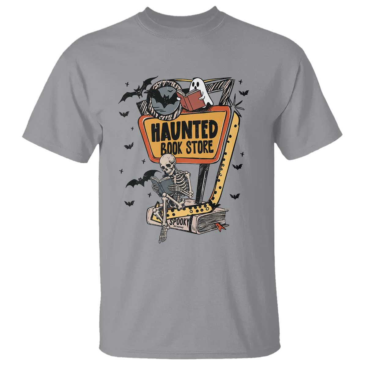 Funny Haunted Book Store Halloween T Shirt Skeleton Ghost Book Reader