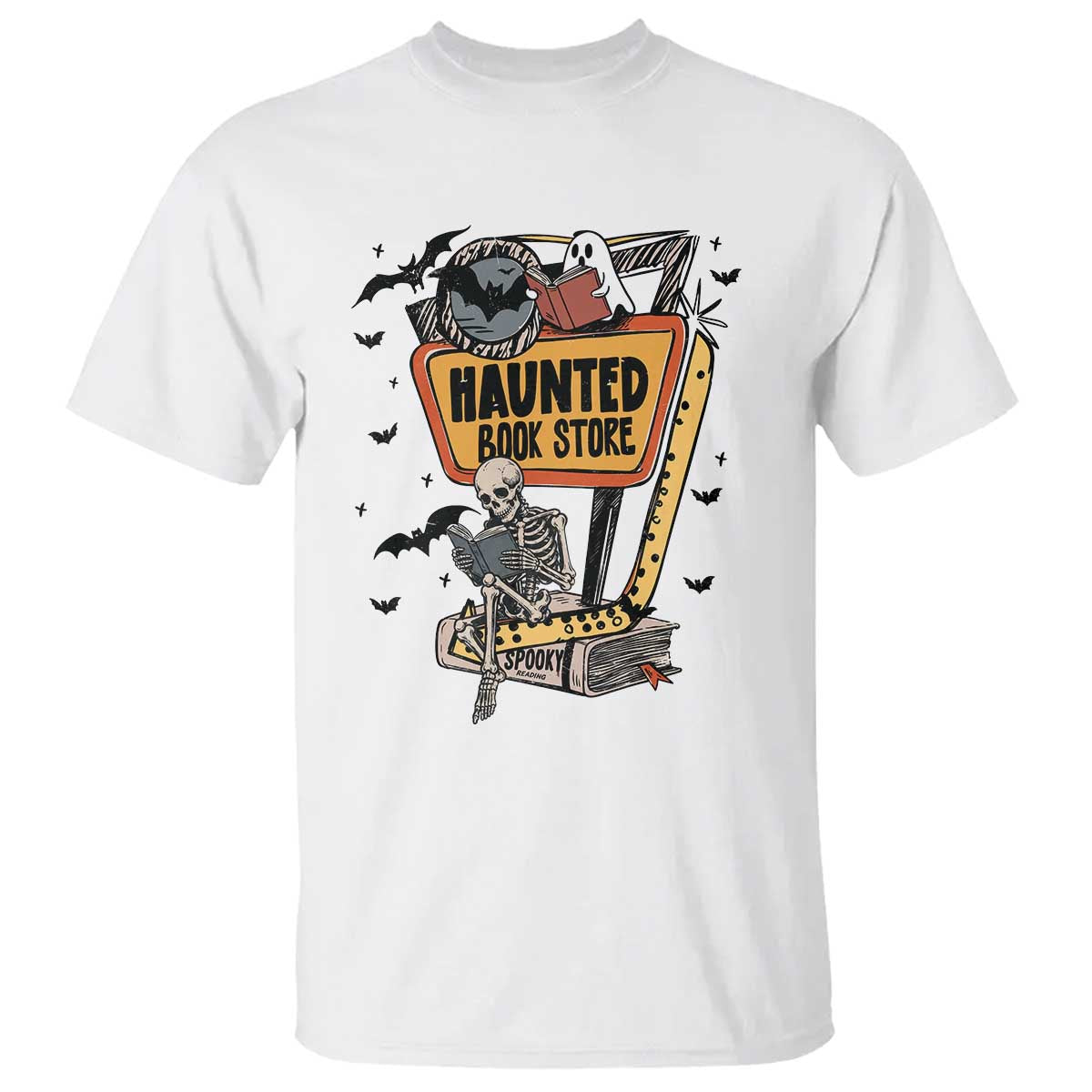 Funny Haunted Book Store Halloween T Shirt Skeleton Ghost Book Reader