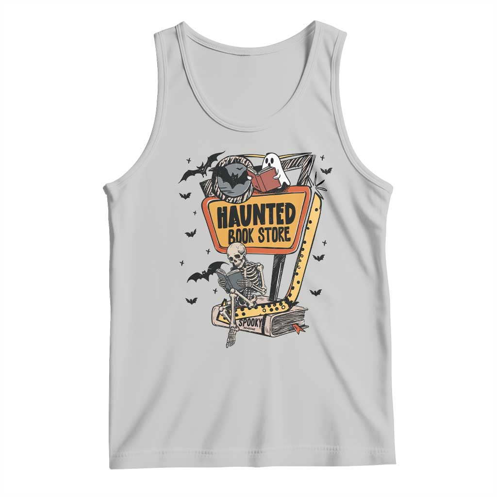 Funny Haunted Book Store Halloween Tank Top Skeleton Ghost Book Reader