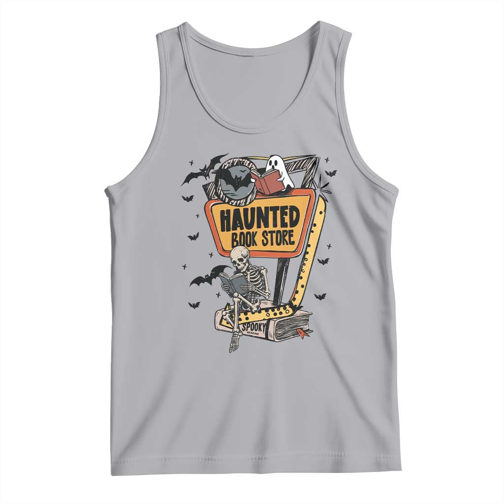 Funny Haunted Book Store Halloween Tank Top Skeleton Ghost Book Reader
