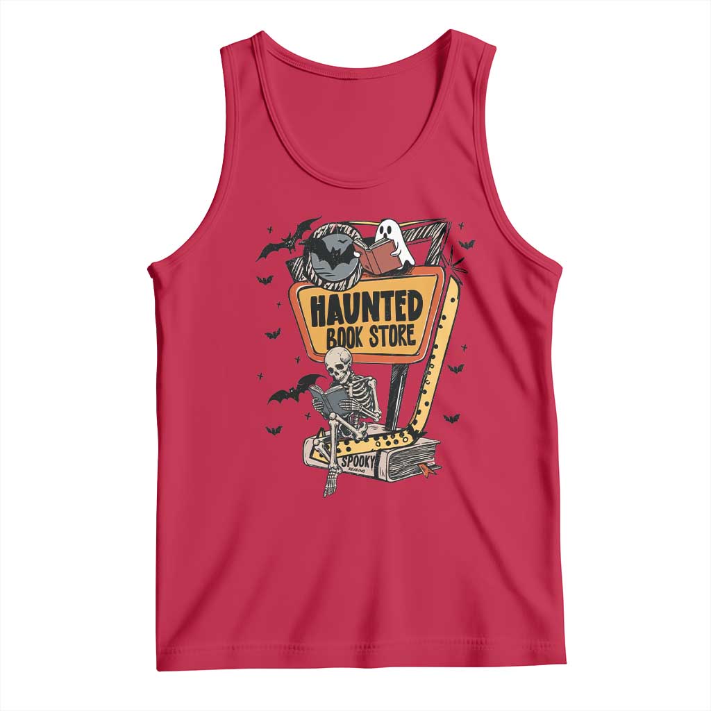 Funny Haunted Book Store Halloween Tank Top Skeleton Ghost Book Reader