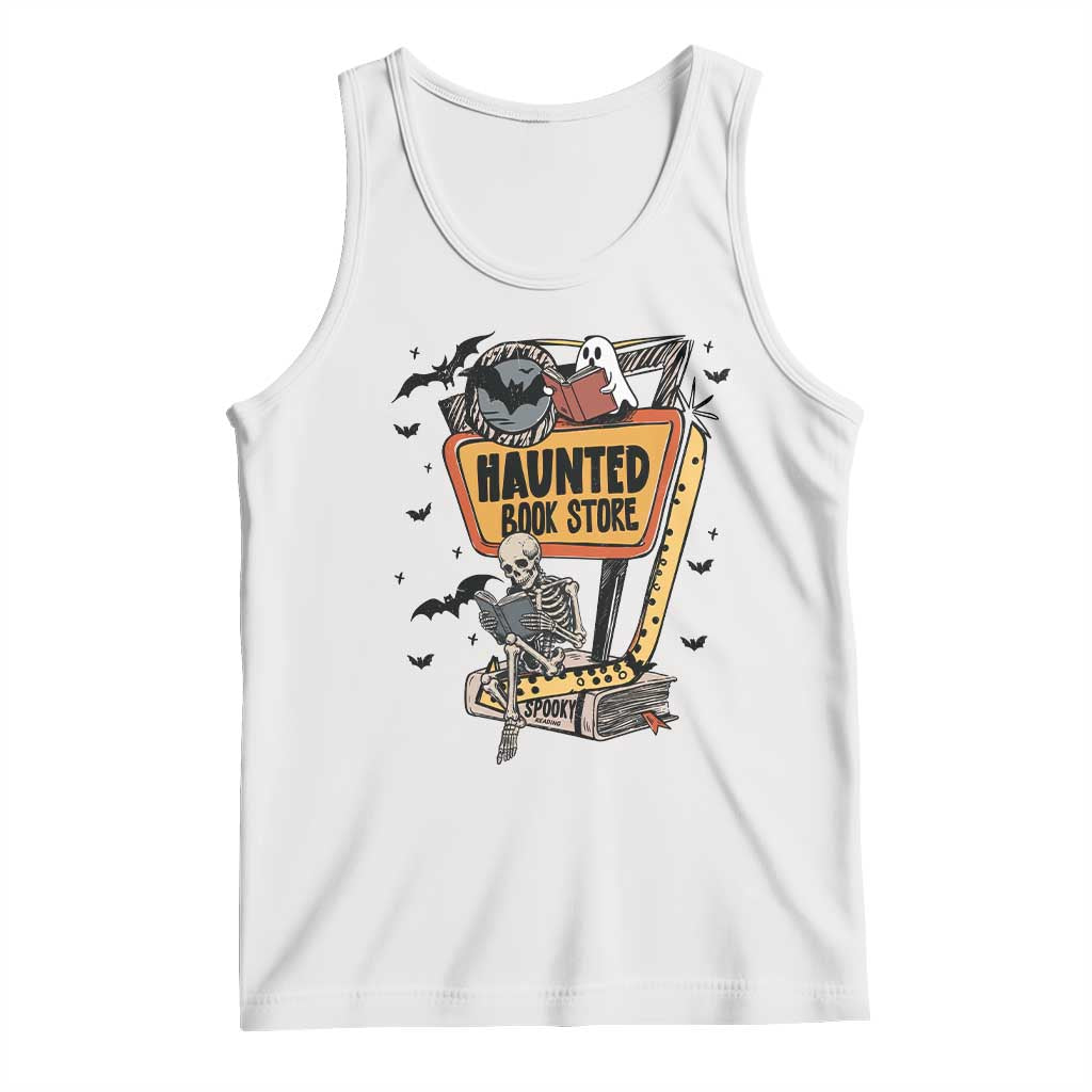 Funny Haunted Book Store Halloween Tank Top Skeleton Ghost Book Reader