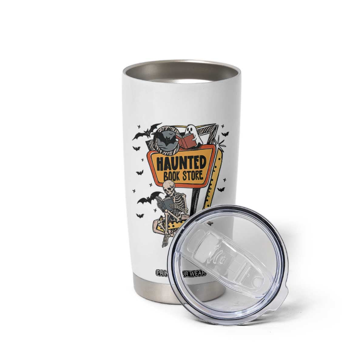 Funny Haunted Book Store Halloween Tumbler Cup Skeleton Ghost Book Reader
