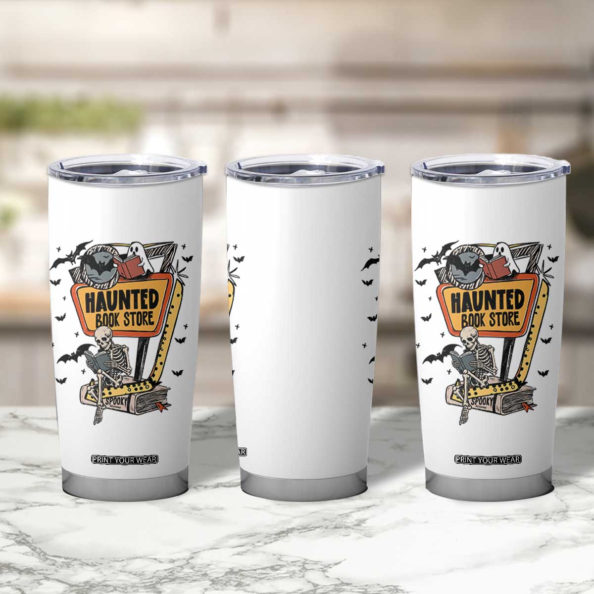 Funny Haunted Book Store Halloween Tumbler Cup Skeleton Ghost Book Reader