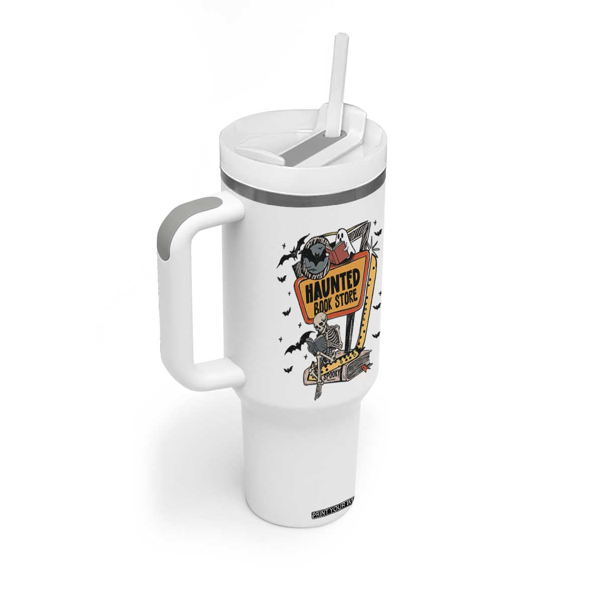 Funny Haunted Book Store Halloween Tumbler With Handle Skeleton Ghost Book Reader
