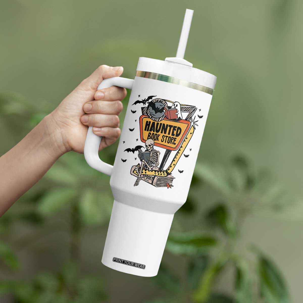 Funny Haunted Book Store Halloween Tumbler With Handle Skeleton Ghost Book Reader