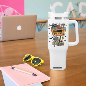 Funny Haunted Book Store Halloween Tumbler With Handle Skeleton Ghost Book Reader