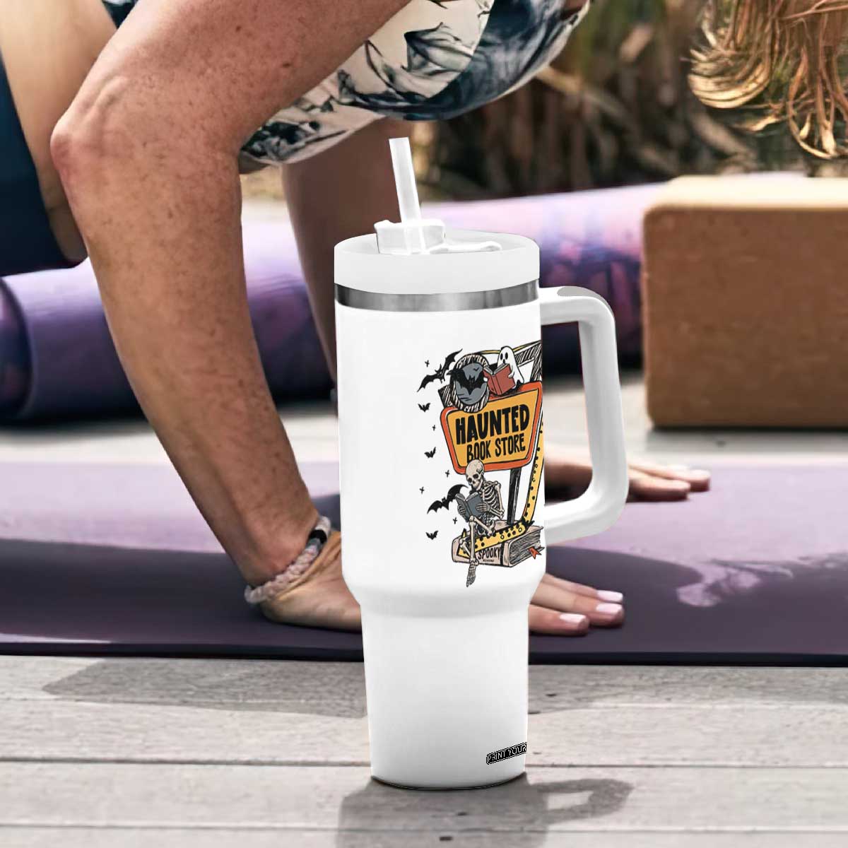 Funny Haunted Book Store Halloween Tumbler With Handle Skeleton Ghost Book Reader