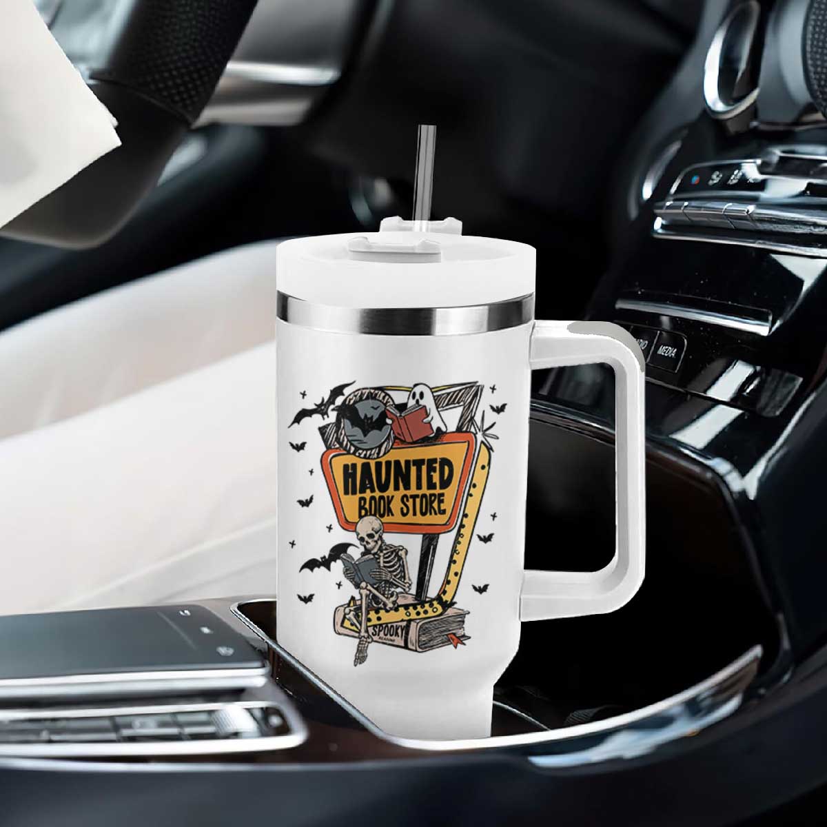 Funny Haunted Book Store Halloween Tumbler With Handle Skeleton Ghost Book Reader