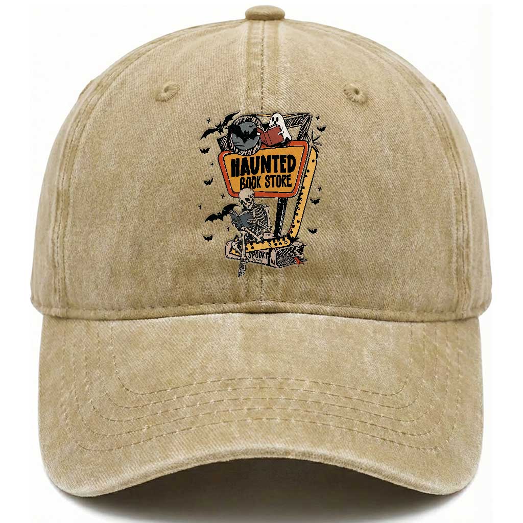 Funny Haunted Book Store Halloween Washed Cotton Baseball Cap Skeleton Ghost Book Reader