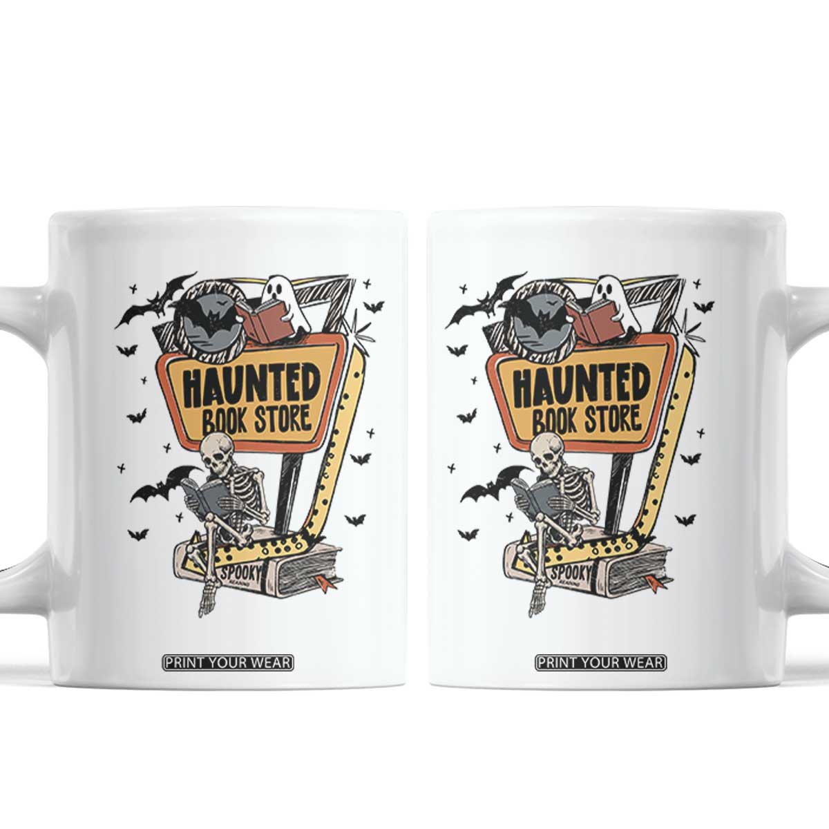 Funny Haunted Book Store Halloween Coffee Mug Skeleton Ghost Book Reader