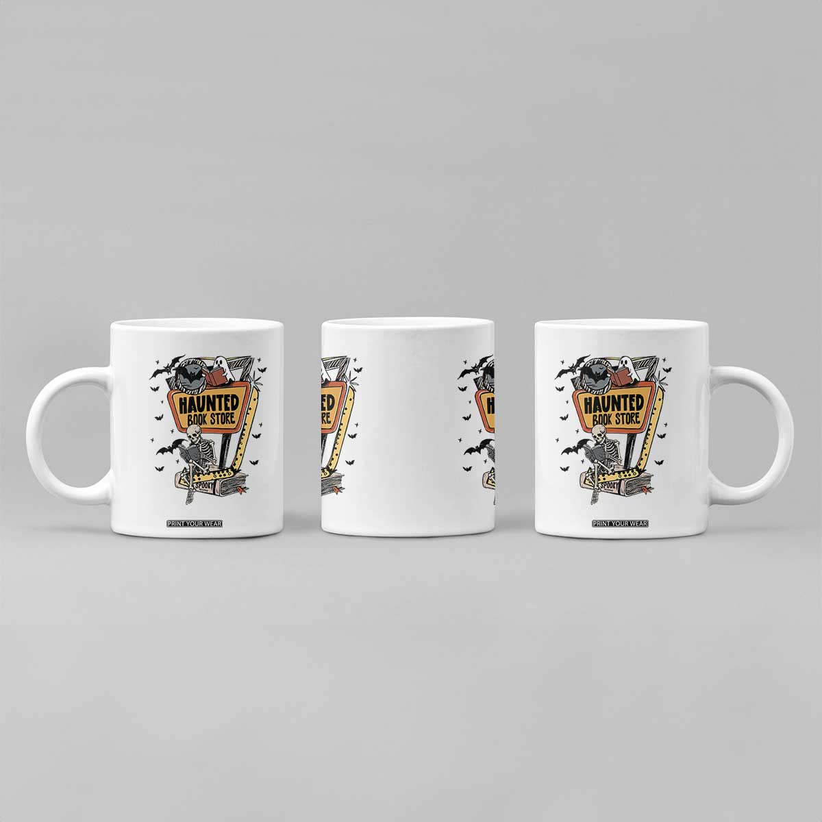Funny Haunted Book Store Halloween Coffee Mug Skeleton Ghost Book Reader
