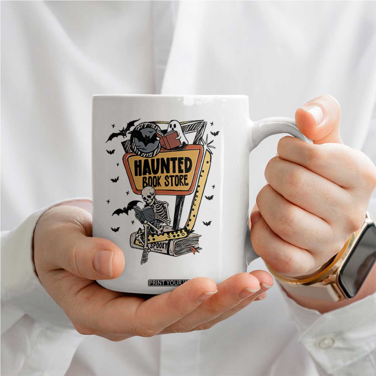 Funny Haunted Book Store Halloween Coffee Mug Skeleton Ghost Book Reader