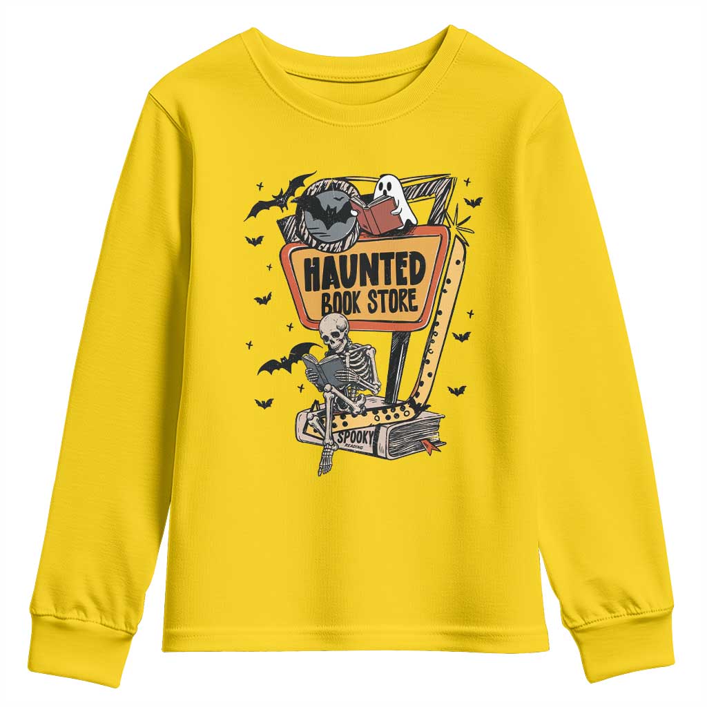 Funny Haunted Book Store Halloween Youth Sweatshirt Skeleton Ghost Book Reader